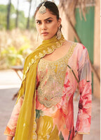 Vegaa Fashion Baby Pink Premium Chinon Embroidered Palazzo Suit | Grocsy