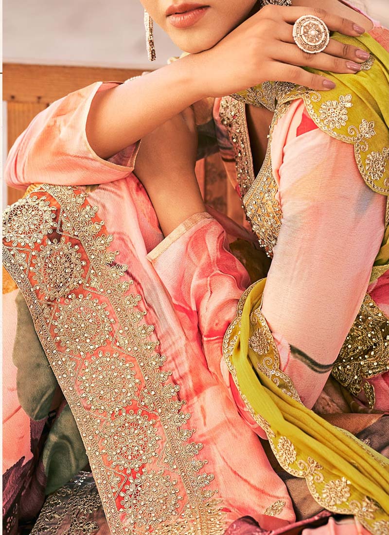 Vegaa Fashion Baby Pink Premium Chinon Embroidered Palazzo Suit | Grocsy