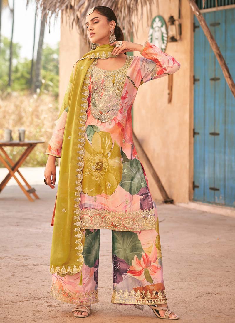 Vegaa Fashion Baby Pink Premium Chinon Embroidered Palazzo Suit | Grocsy