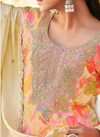 Vegaa Fashion Cream Premium Chinon Embroidered Palazzo Suit | Grocsy