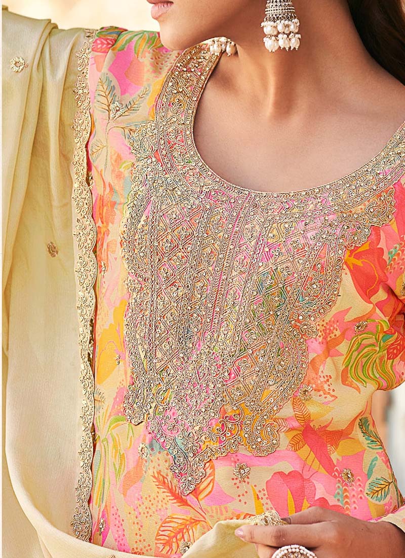 Vegaa Fashion Cream Premium Chinon Embroidered Palazzo Suit | Grocsy