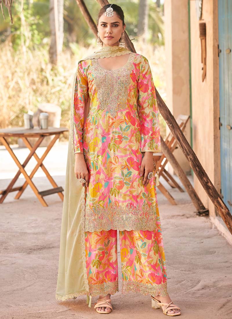 Vegaa Fashion Cream Premium Chinon Embroidered Palazzo Suit | Grocsy