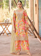 Vegaa Fashion Cream Premium Chinon Embroidered Palazzo Suit | Grocsy