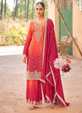 Vegaa Fashion Red Premium Chinon Embroidered Palazzo Suit | Grocsy