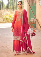 Vegaa Fashion Red Premium Chinon Embroidered Palazzo Suit | Grocsy