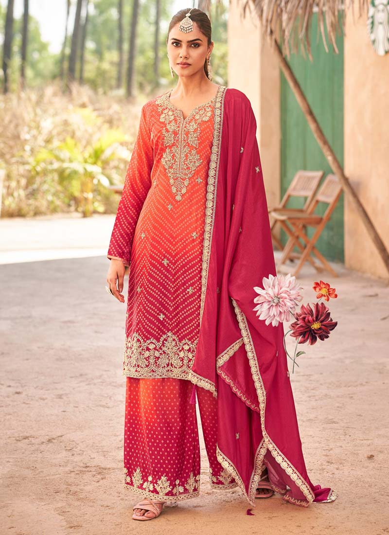 Vegaa Fashion Red Premium Chinon Embroidered Palazzo Suit | Grocsy