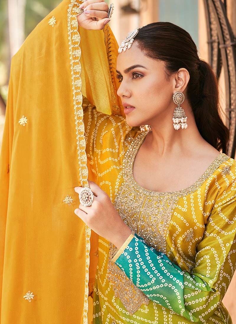 Vegaa Fashion Yellow Premium Chinon Embroidered Palazzo Suit | Grocsy