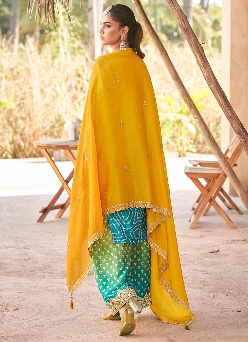 Vegaa Fashion Yellow Premium Chinon Embroidered Palazzo Suit | Grocsy