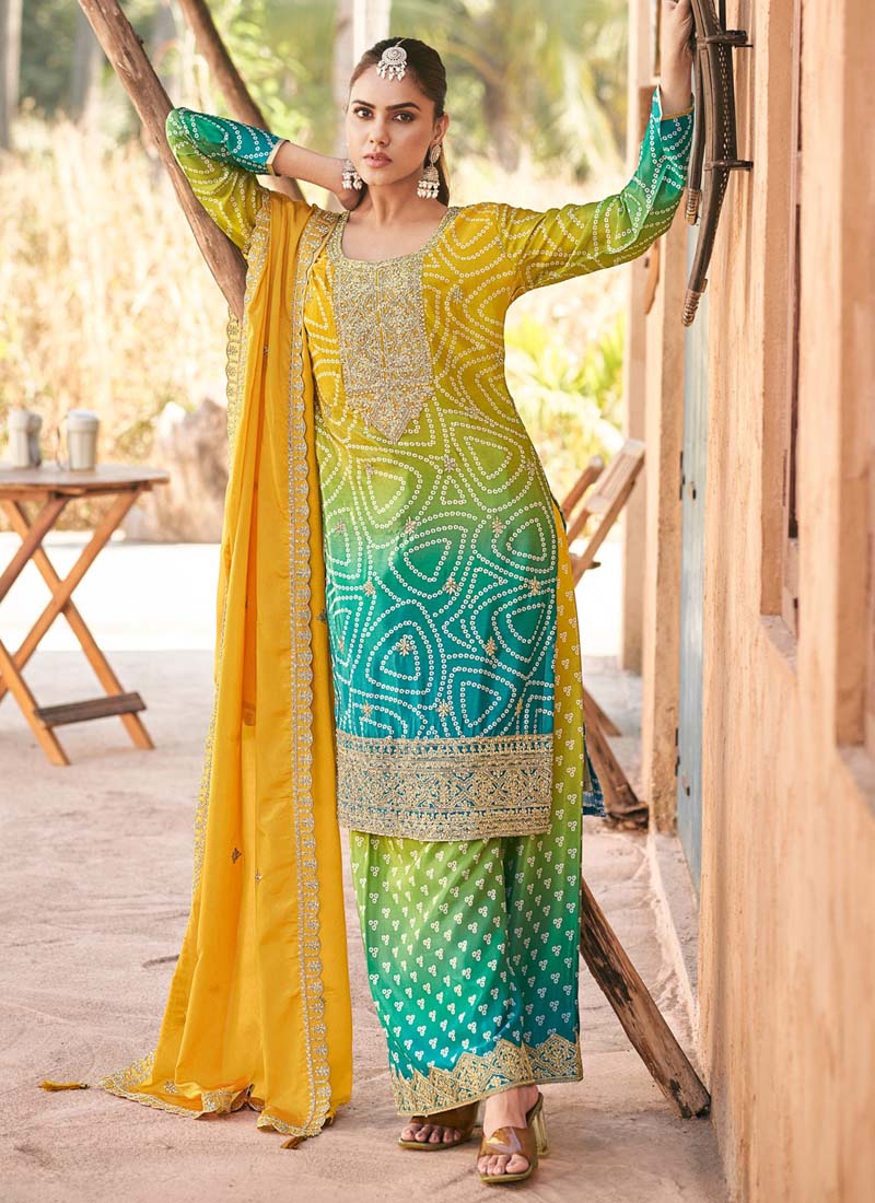 Vegaa Fashion Yellow Premium Chinon Embroidered Palazzo Suit | Grocsy