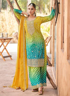Vegaa Fashion Yellow Premium Chinon Embroidered Palazzo Suit | Grocsy