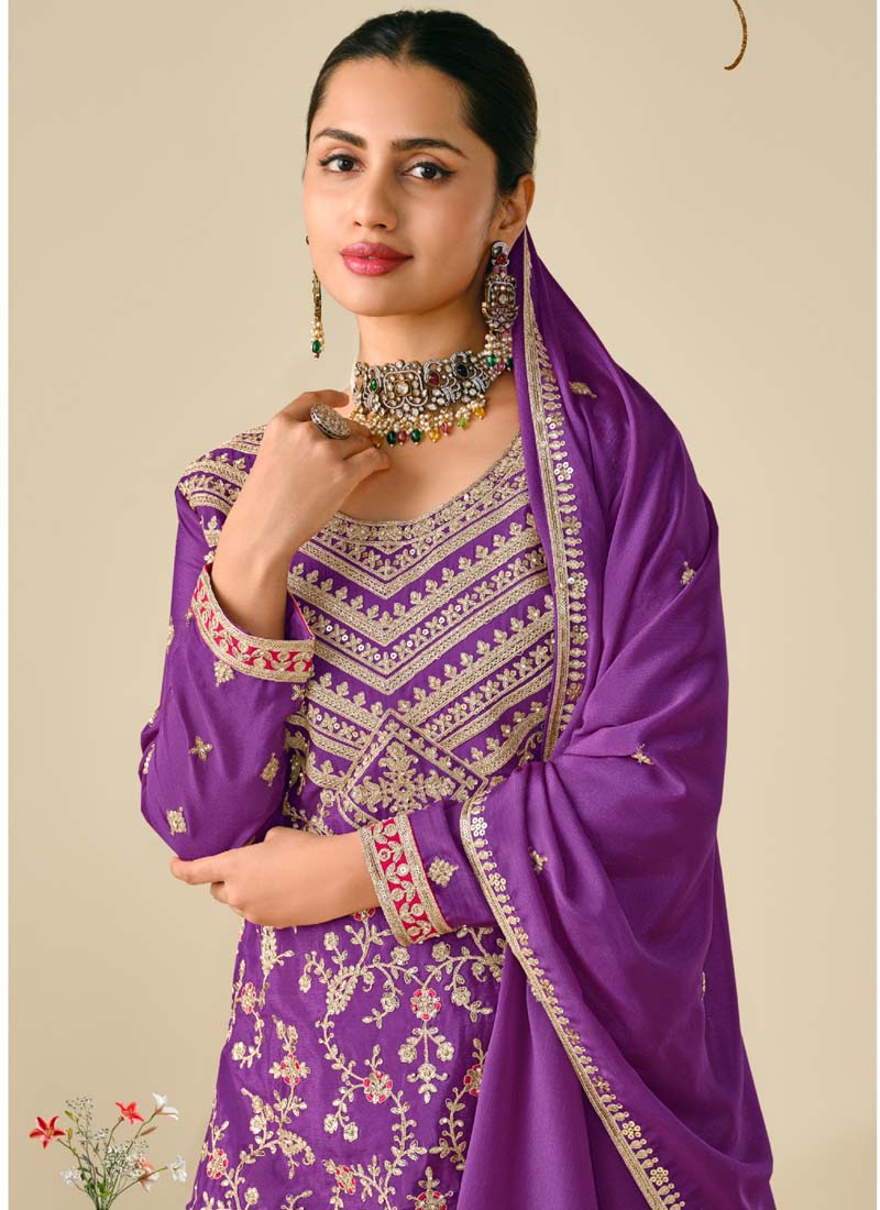 Vegaa Fashion Violet Premium Chinon Embroidered Palazzo Suit | Grocsy