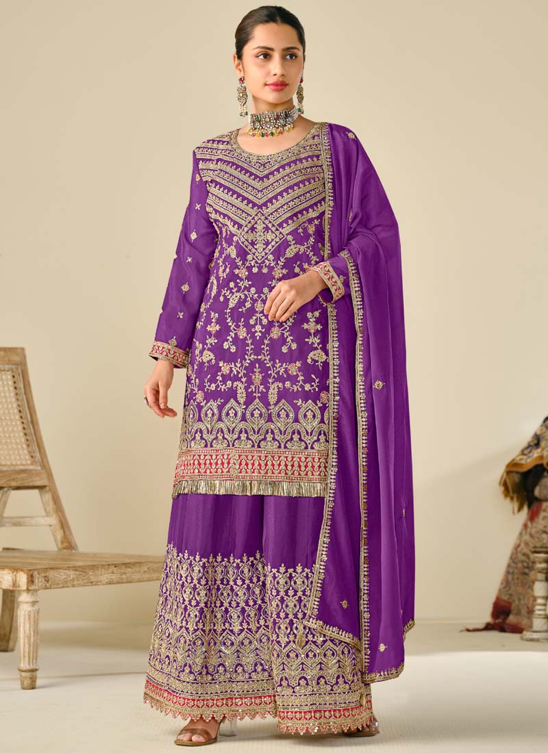 Vegaa Fashion Violet Premium Chinon Embroidered Palazzo Suit | Grocsy