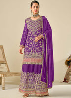 Vegaa Fashion Violet Premium Chinon Embroidered Palazzo Suit | Grocsy