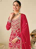Vegaa Fashion Red Premium Chinon Embroidered Palazzo Suit | Grocsy