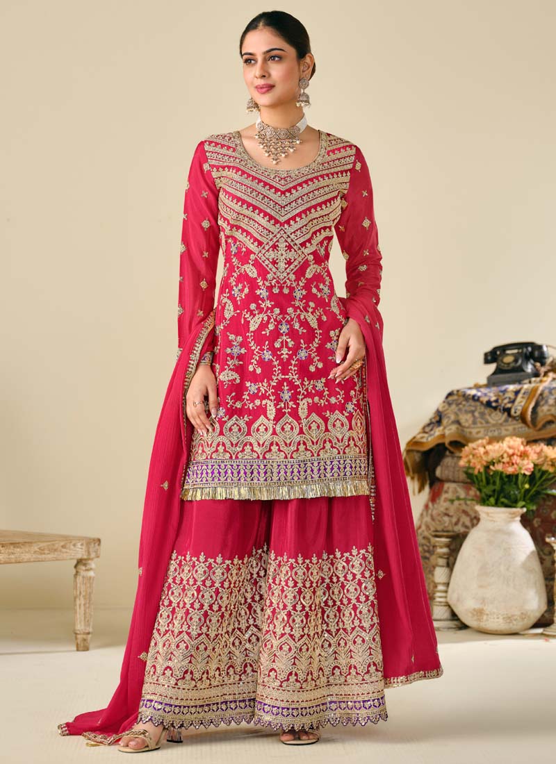 Vegaa Fashion Red Premium Chinon Embroidered Palazzo Suit | Grocsy