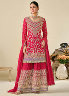 Vegaa Fashion Red Premium Chinon Embroidered Palazzo Suit | Grocsy