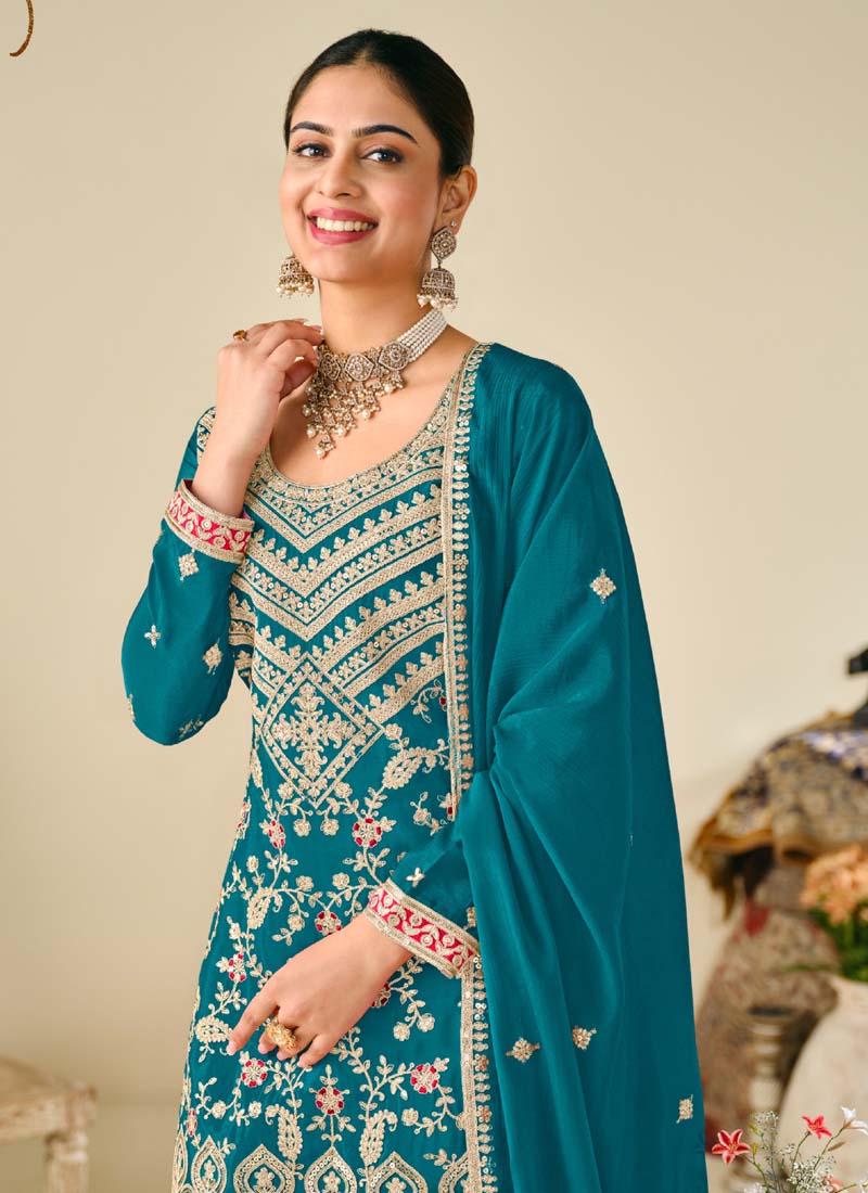 Vegaa Fashion Rama Premium Chinon Embroidered Palazzo Suit | Grocsy