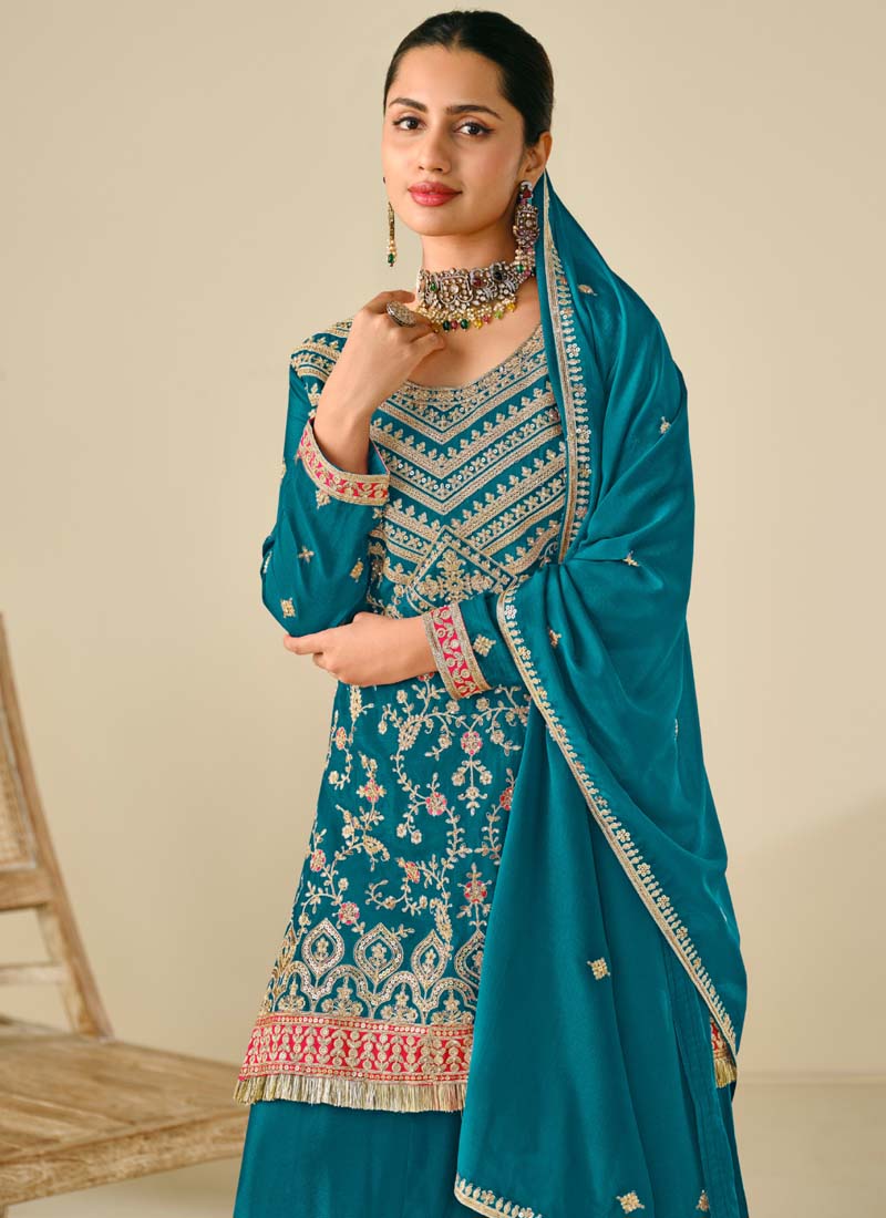 Vegaa Fashion Rama Premium Chinon Embroidered Palazzo Suit | Grocsy