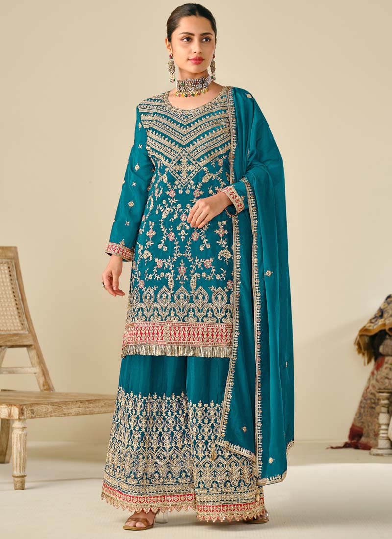 Vegaa Fashion Rama Premium Chinon Embroidered Palazzo Suit | Grocsy