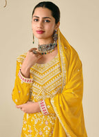 Vegaa Fashion Yellow Premium Chinon Embroidered Palazzo Suit | Grocsy