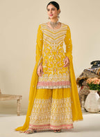 Vegaa Fashion Yellow Premium Chinon Embroidered Palazzo Suit | Grocsy