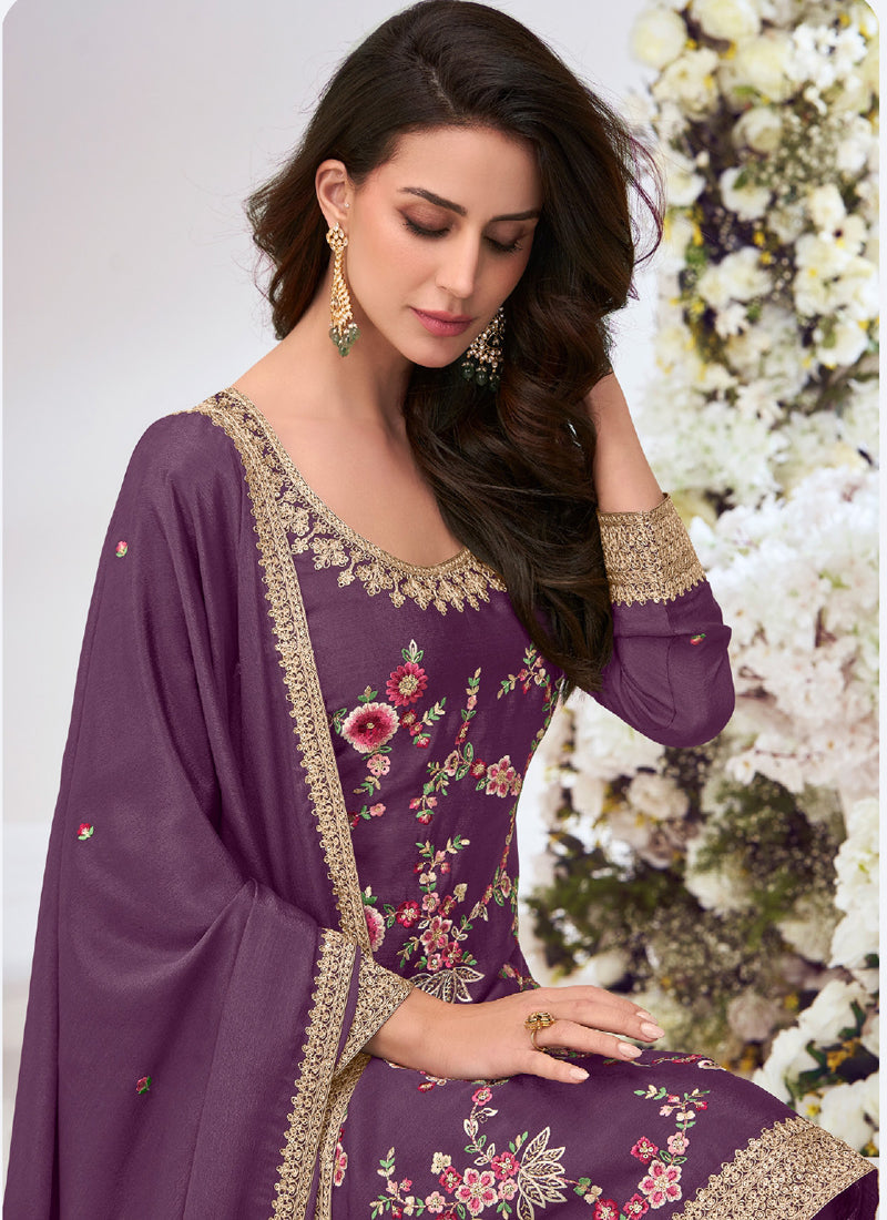 Vegaa Fashion Purple Chinon Silk Embroidered Palazzo Suit | Grocsy