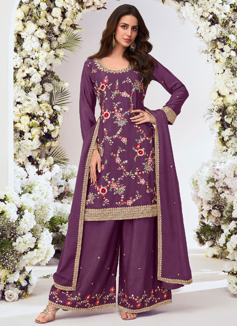 Vegaa Fashion Purple Chinon Silk Embroidered Palazzo Suit | Grocsy