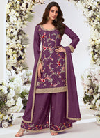 Vegaa Fashion Purple Chinon Silk Embroidered Palazzo Suit | Grocsy