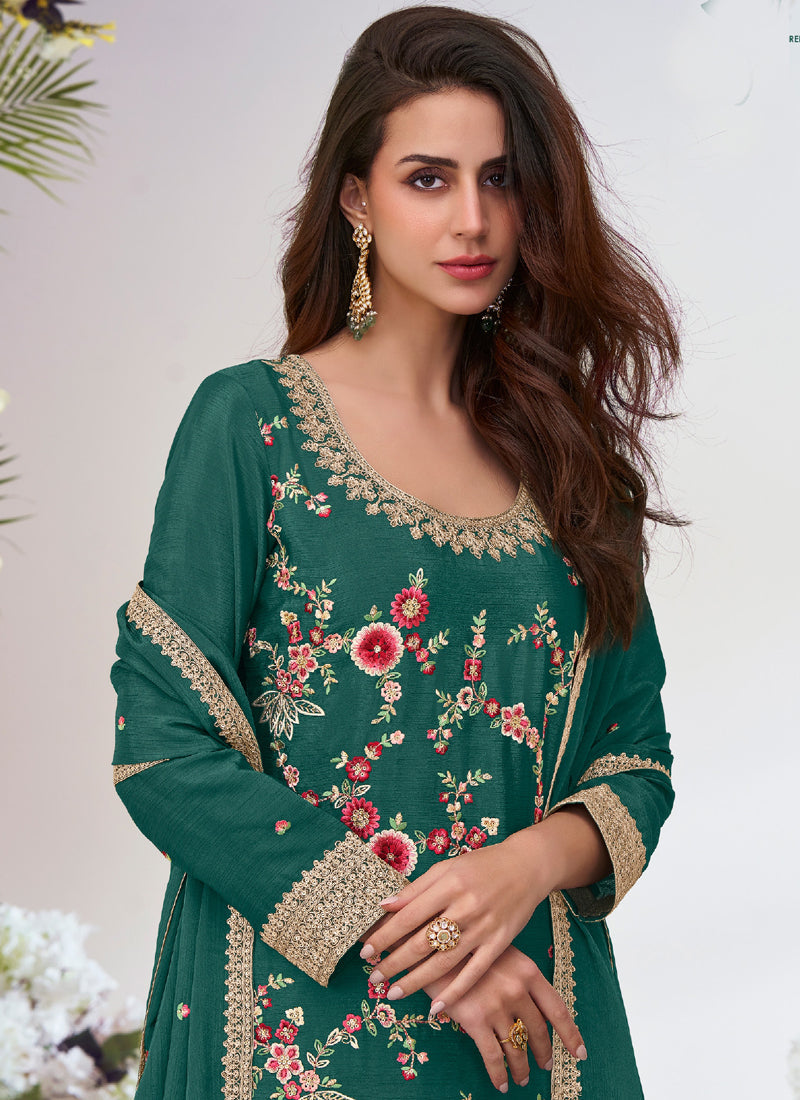 Vegaa Fashion Green Chinon Silk Embroidered Palazzo Suit | Grocsy