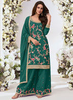 Vegaa Fashion Green Chinon Silk Embroidered Palazzo Suit | Grocsy