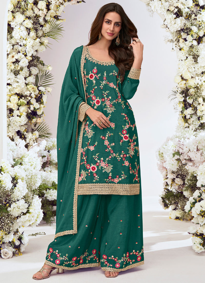 Vegaa Fashion Green Chinon Silk Embroidered Palazzo Suit | Grocsy