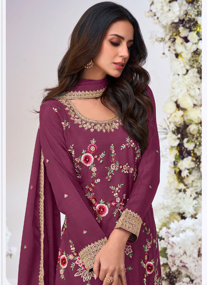 Vegaa Fashion Wine Chinon Silk Embroidered Palazzo Suit | Grocsy
