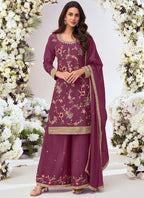 Vegaa Fashion Wine Chinon Silk Embroidered Palazzo Suit | Grocsy