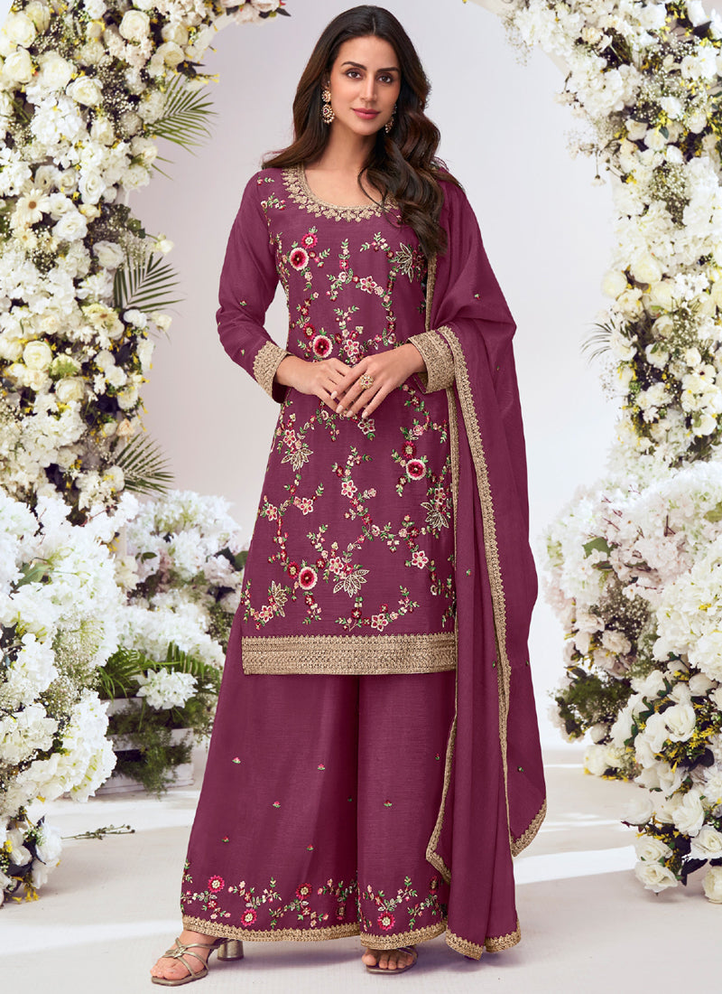 Vegaa Fashion Wine Chinon Silk Embroidered Palazzo Suit | Grocsy