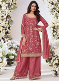 Vegaa Fashion Peach Chinon Silk Embroidered Palazzo Suit | Grocsy