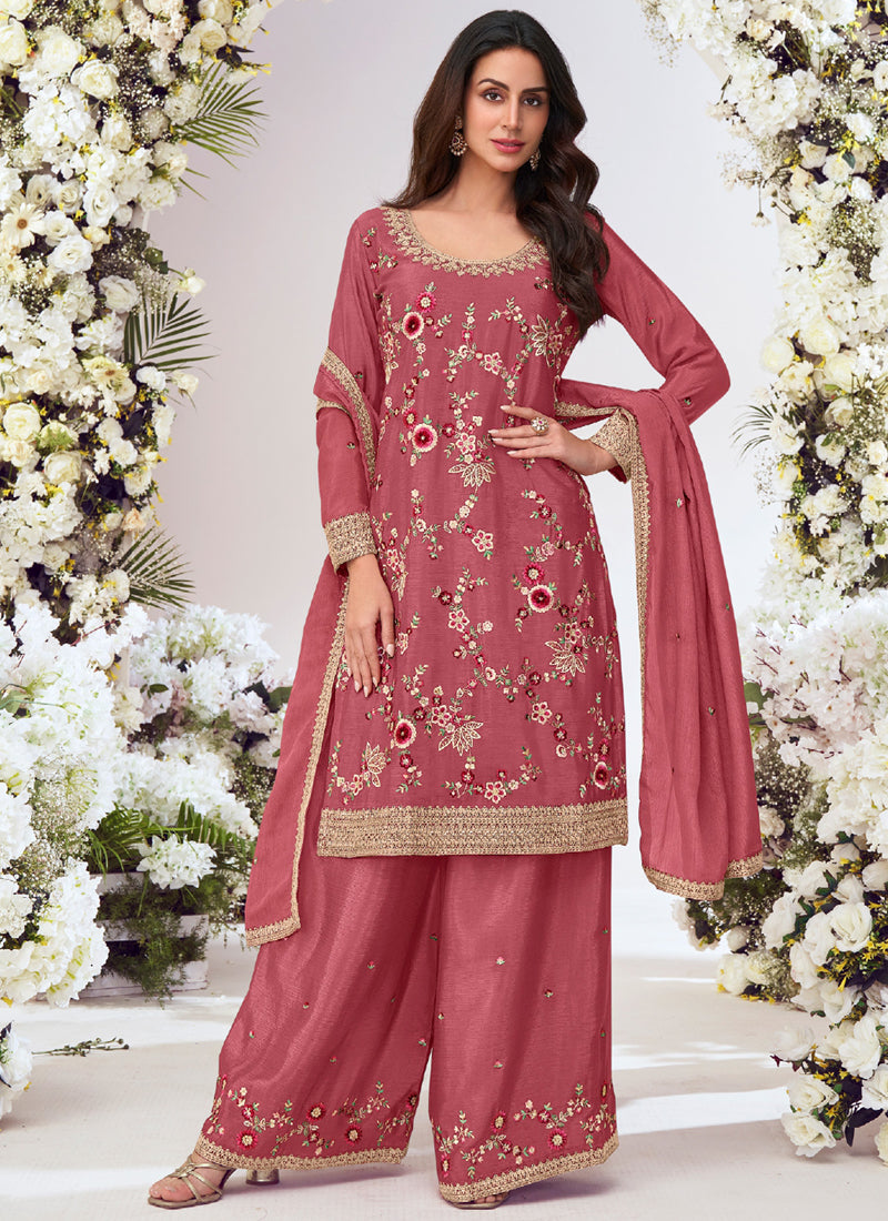 Vegaa Fashion Peach Chinon Silk Embroidered Palazzo Suit | Grocsy