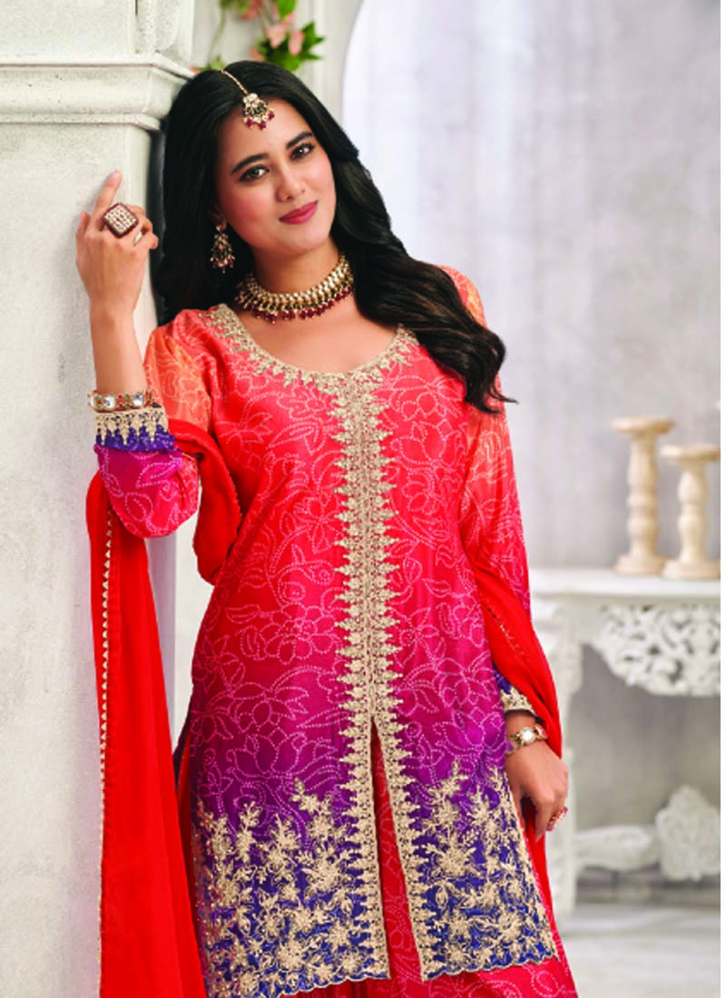Vegaa Fashion Red Premium Chinon Embroidered Palazzo Suit | Grocsy