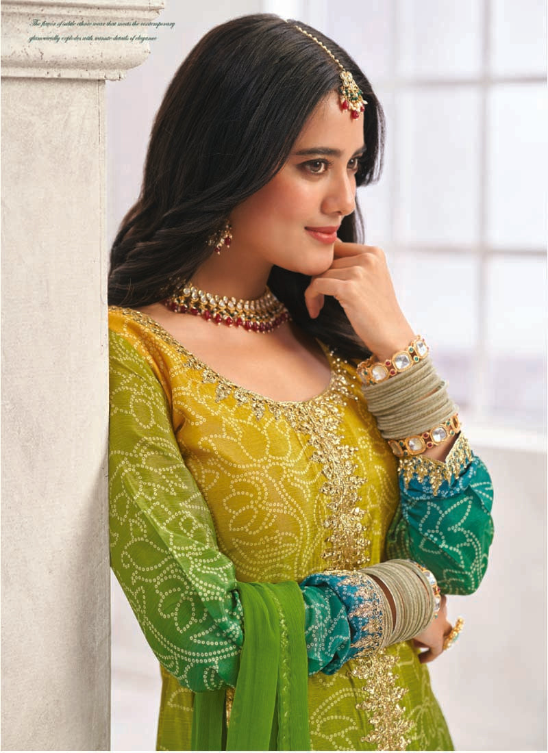 Vegaa Fashion Green Premium Chinon Embroidered Palazzo Suit | Grocsy