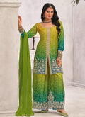 Vegaa Fashion Green Premium Chinon Embroidered Palazzo Suit | Grocsy