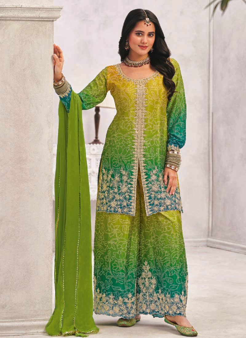 Vegaa Fashion Green Premium Chinon Embroidered Palazzo Suit | Grocsy
