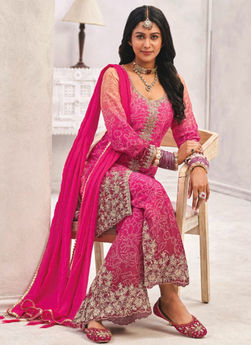 Vegaa Fashion Pink Premium Chinon Embroidered Palazzo Suit | Grocsy