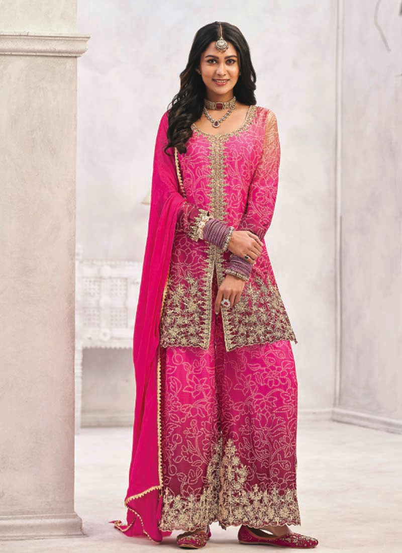 Vegaa Fashion Pink Premium Chinon Embroidered Palazzo Suit | Grocsy