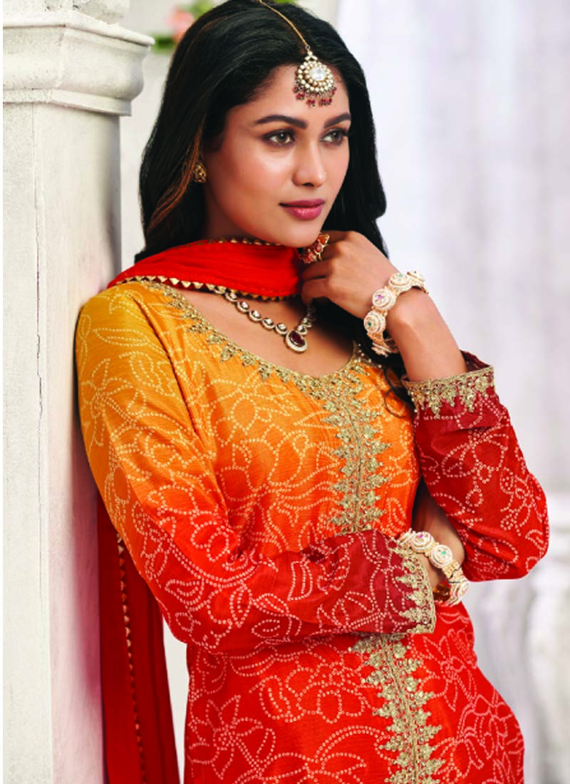 Vegaa Fashion Orange Premium Chinon Embroidered Palazzo Suit | Grocsy