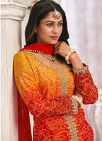 Vegaa Fashion Orange Premium Chinon Embroidered Palazzo Suit | Grocsy