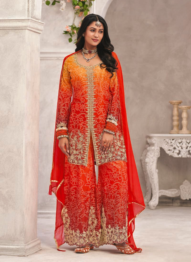 Vegaa Fashion Orange Premium Chinon Embroidered Palazzo Suit | Grocsy