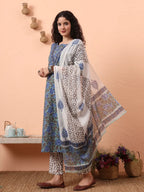 Yufta Rama Green And Blue Floral Sequins Work Straight Kurta Trouser Dupatta Set | Grocsy