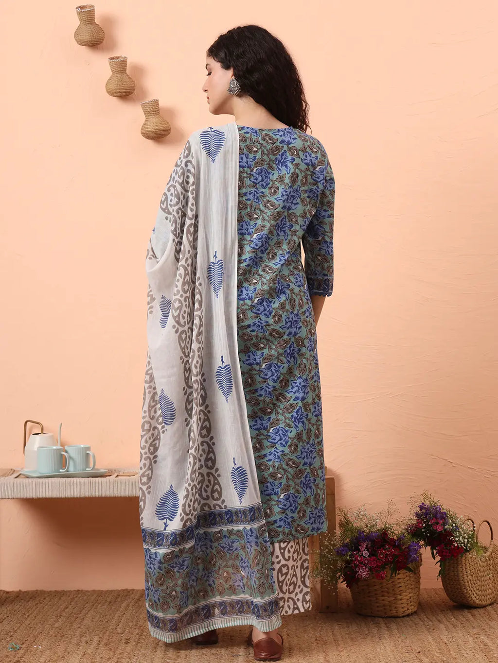 Yufta Rama Green And Blue Floral Sequins Work Straight Kurta Trouser Dupatta Set | Grocsy