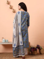 Yufta Rama Green And Blue Floral Sequins Work Straight Kurta Trouser Dupatta Set | Grocsy