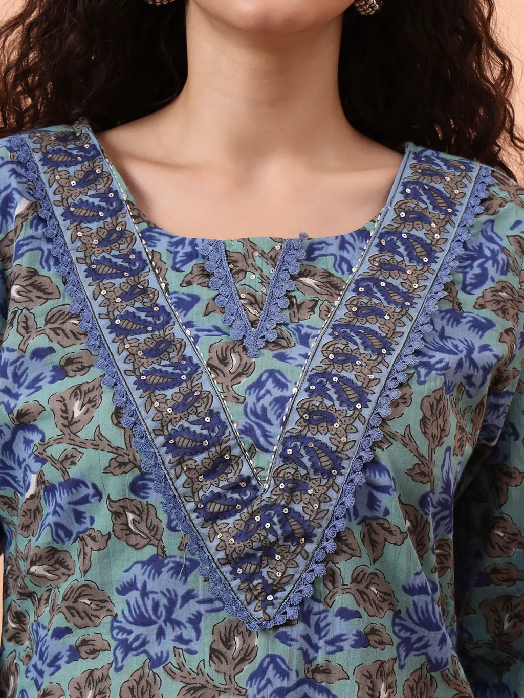 Yufta Rama Green And Blue Floral Sequins Work Straight Kurta Trouser Dupatta Set | Grocsy