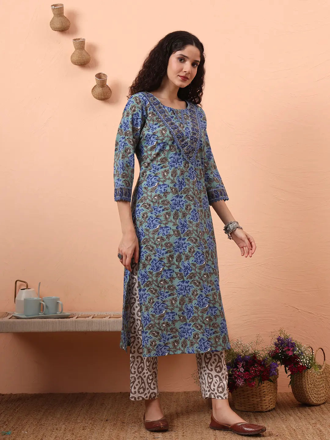 Yufta Rama Green And Blue Floral Sequins Work Straight Kurta Trouser Dupatta Set | Grocsy
